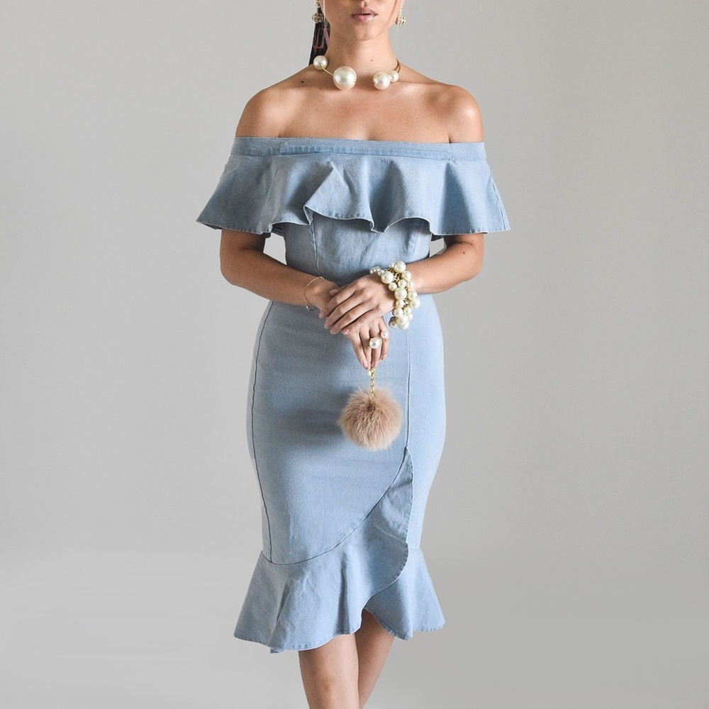 Ruffled Faux Wrap Denim Dress